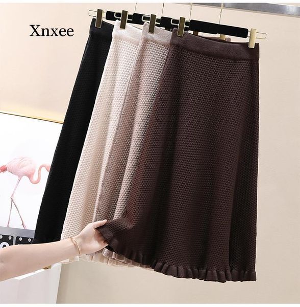 

women spring autumn winter casual solid knitted skirts female thick warm ruffle midi skirt high waist a-line sweater, Black