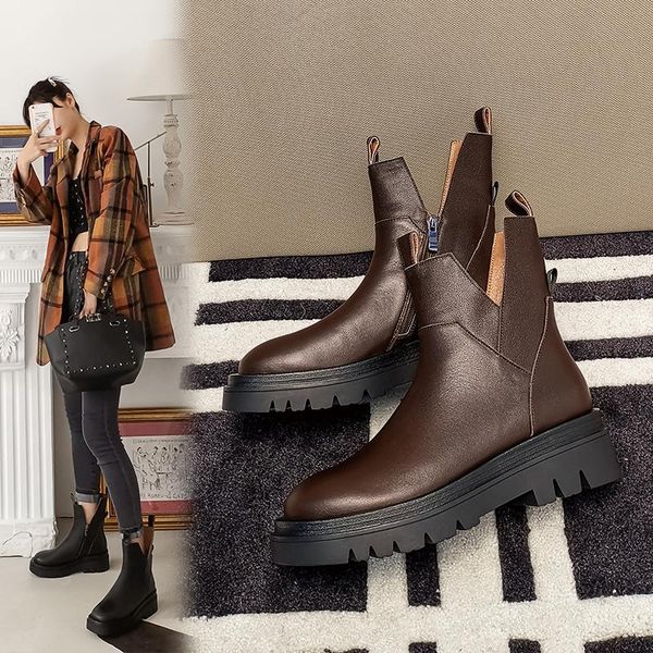 

boots women's natural leather ankle solid color stitching upper short woman british black side zip