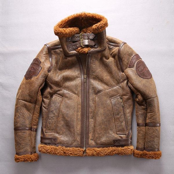 

sheepskin warm genuine jackets men's motorcycle thick winter coat bomber shearling jacket male fast ship leather & faux, Black