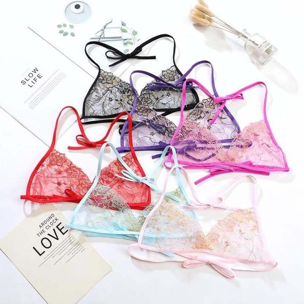 

bras embroidered flower ultra-thin transparent bra women straps hollow open back lingerie underwear, Red;black