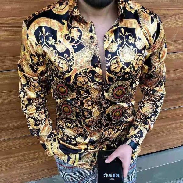 

men's casual shirts luxury royal golden long sleeve shirt men paisley print camisa social masculina manga longa prom party, White;black