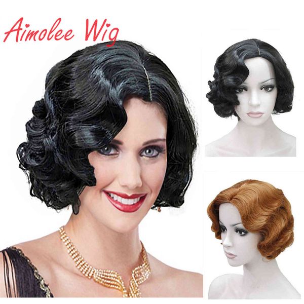 

aimolee 1920's flapper hairstyles wig for women finger wave retro style short synthetic cosplay, Black;brown