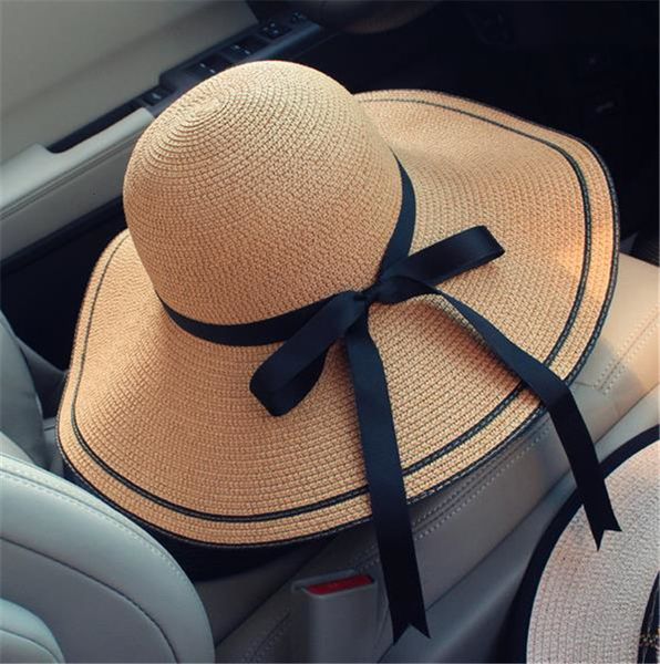 

small fragrance bow color matching sun shade straw hat big brim beach, Blue;gray
