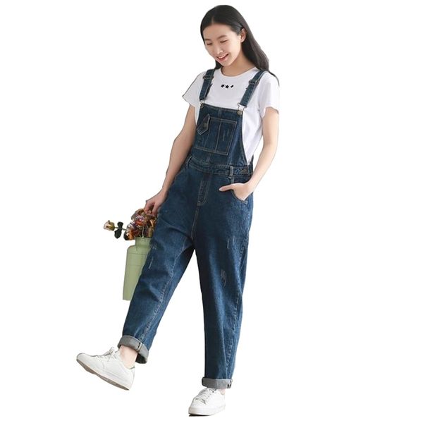 

retro washed denim straps wide-legged slacks jumpsuit with buckles pockets wholesale 210915, Blue