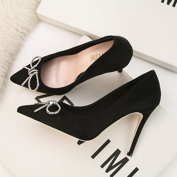 

fashion thin shallow mouth pointed high heel metal diamond button bow single shoes sweet high heels, Black