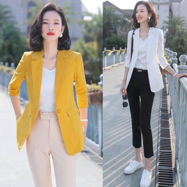 

fashion ladies pant suits for women half sleeve yellow blazer and jacket sets work wear business office uniform style ol women's & blaz, White;black