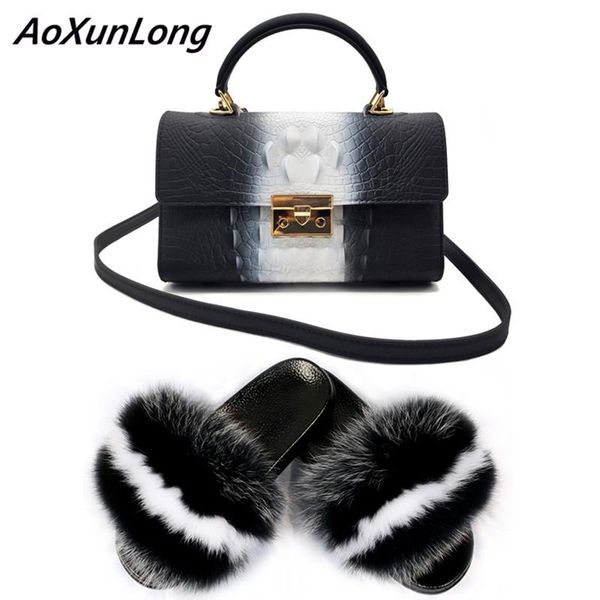 

women shoes fluffy fur slippers rainbow jelly bag ladies handbag home flat flip flops female plush furry slides, Black