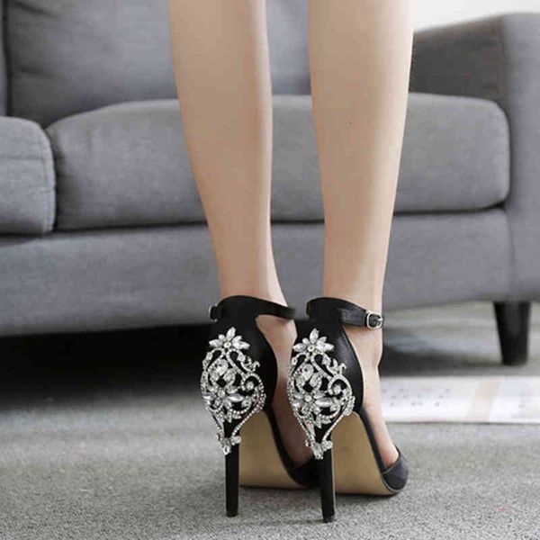 

sandals women ankle buckle luxury crystal high heels stiletto pumps club party wedding shoes woman hobj, Black