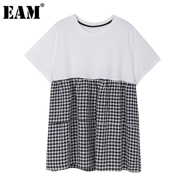 

[eam] women white spliced big size plaid casual t-shirt round neck short sleeve fashion spring summer 1dd7385 210512