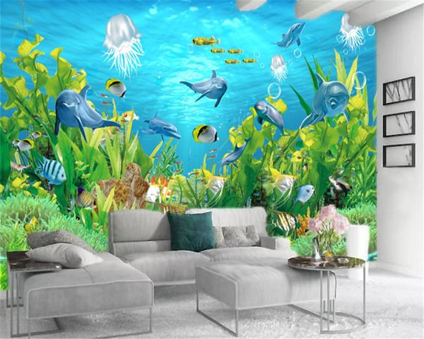 

wallpapers home decor 3d wallpaper underwater world dolphin fish customized printing moisture-proof wall paper
