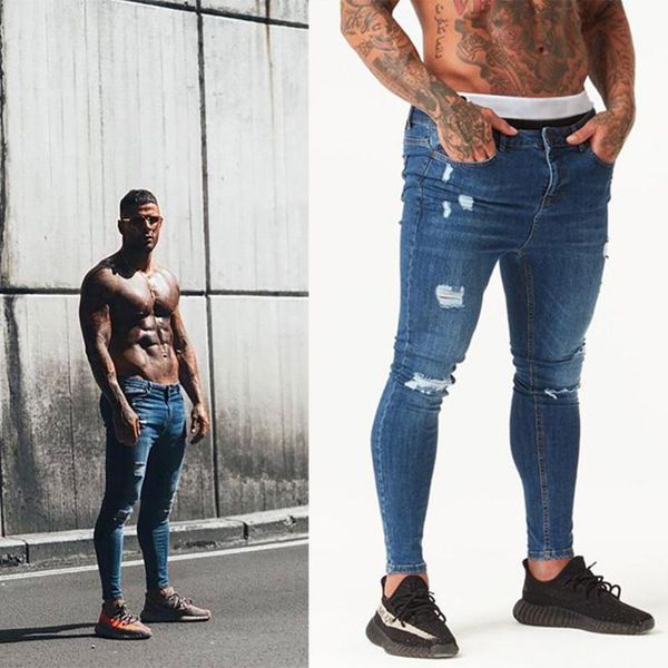 

men's jeans 2012melody spray on mid rise denim wash knee ripped mens super tight hip hop slim fit clothes, Blue