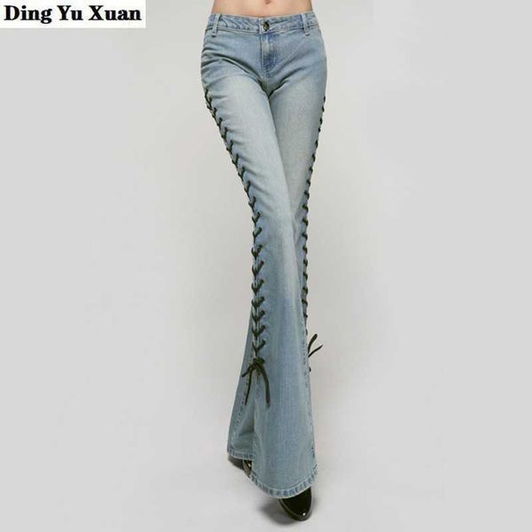 

big flare denim pants female side bandage bell bottom jeans vintage long trousers women slit lace up flared high fashion 210927, Blue