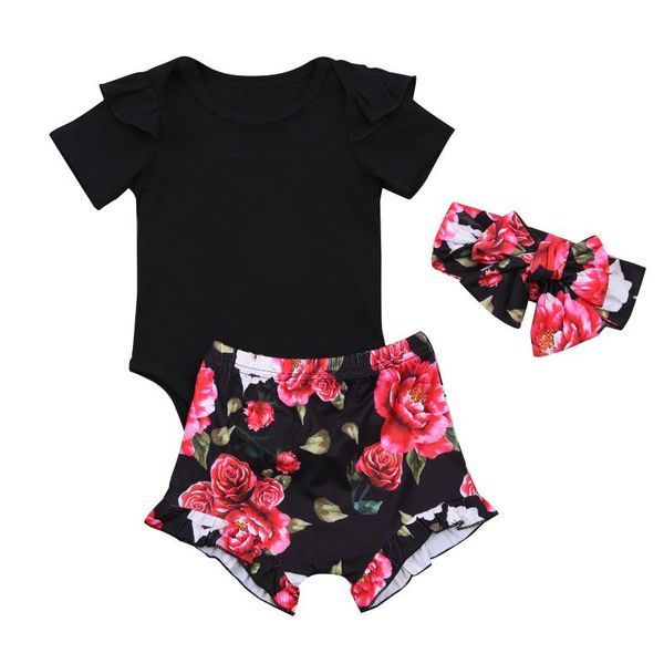 

3pcs toddler kids baby girl cotton bodysuit floral short pants headwear summer sleeve outfit clothes set clothing sets, White