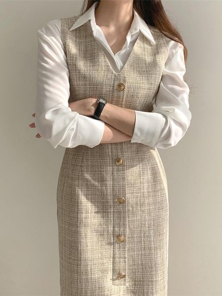 

spring autumn women dresses sleeveless high waist single-breasted checkered fashion office lady wild long work dress casual, Black;gray