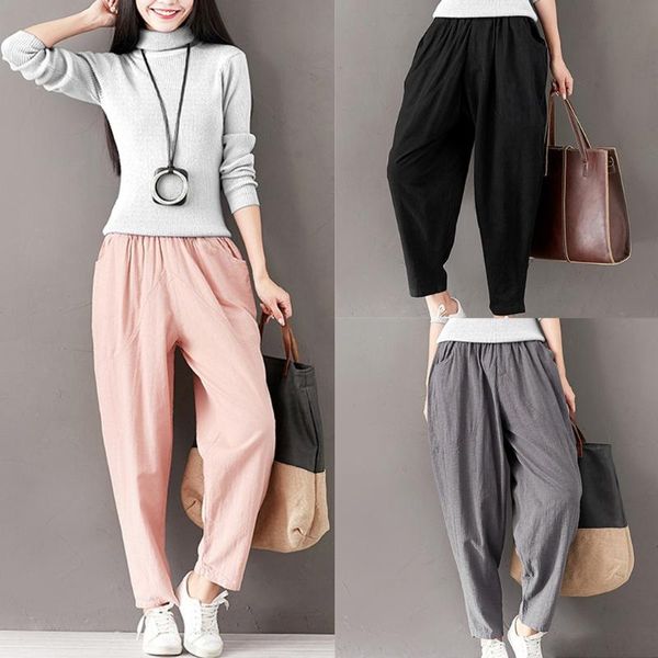 

women's pants & capris klv 2021 women fashion warm cotton linen pockets harem elastic loose trousers 11.28, Black;white