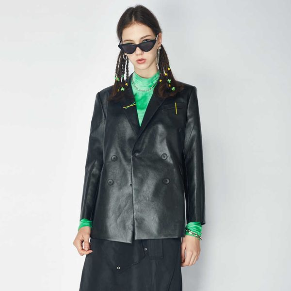 

retro 80s faux leather pu suit jacket women fashion black blazer coat autumn winter female outerwear clothing 210608