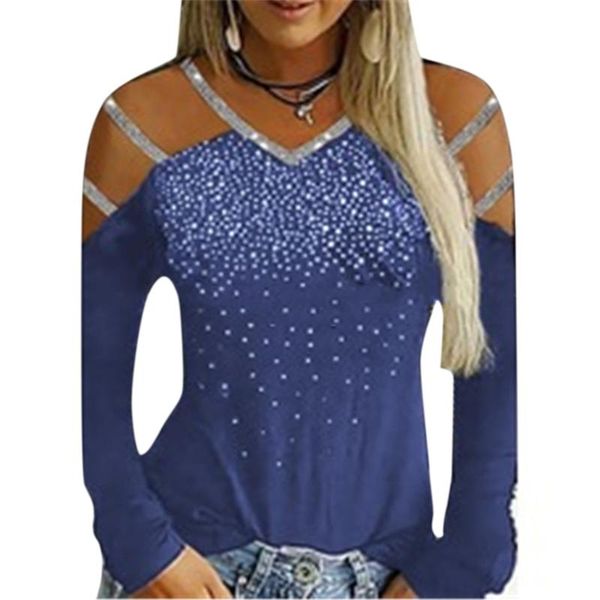 

women's t shirt off shoulder v-neck pullovers long-sleeved slim hollow sequin printed plus size ladies shirts t-shirt, White