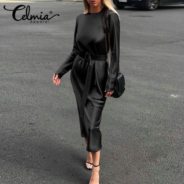 

dresses women casual loose satin silk celmia 2021 fashion long sleeve party midi dress solid o-neck belted robe femme s-5xl, Black;gray