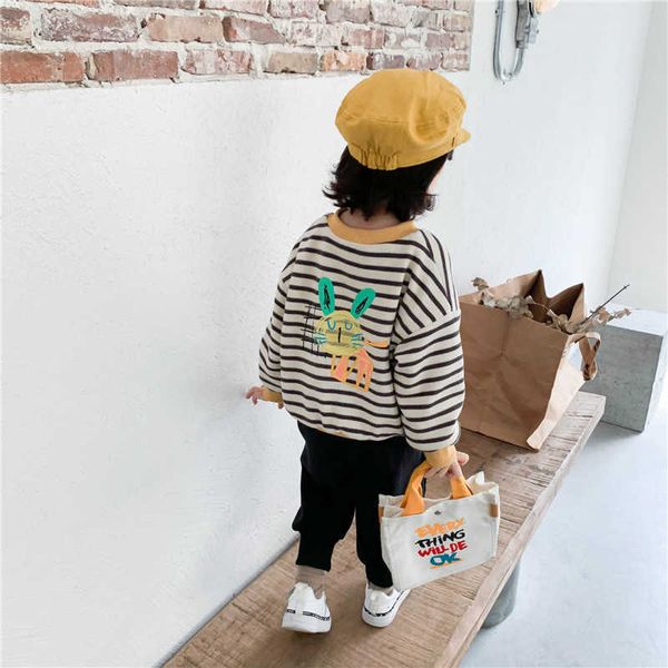 Garotas de inverno moda desenhos animados coelho listrado camisola de pelúcia estilo coreano engrossar solto quente hoodies toddler crianças 210615