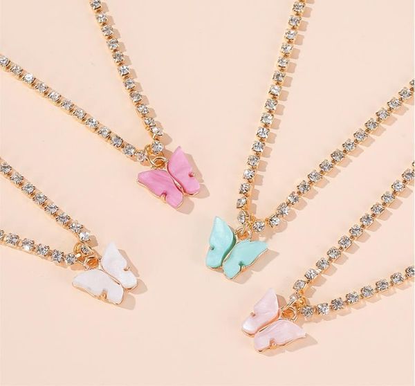 

sweet colorful acrylic butterfly pendant necklaces fashion crystal chain necklaces girls women jewelry gifts, Silver