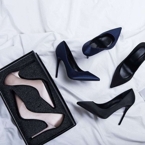 

luxury dress shoes pointed thin heel high-heeled women's 2021 spring autumn black work sho silk and satin profsional etiquette single