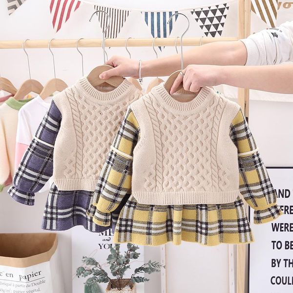 

pullover pretty princess autumn winter warm thicken full sleeve plaid knitting bow dresses toddler kids baby girl sweater 6m-5y, Blue