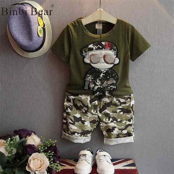 Europa e Stati Uniti T-shirt militare per bambini nuova estate per bambini + pantaloncini mimetici 2 set di vestiti per ragazzi 210326