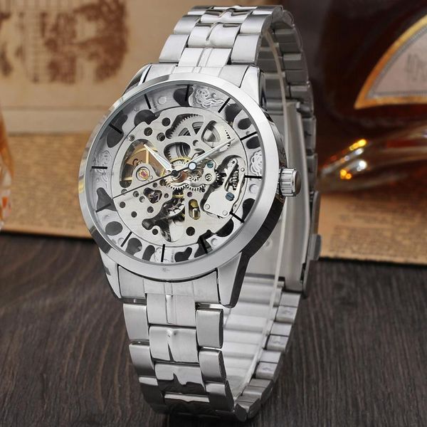

wristwatches men's watch full stainless steel transparent automatic mechanical skeleton gold steampunk clock men relogio masculino 2021, Slivery;brown