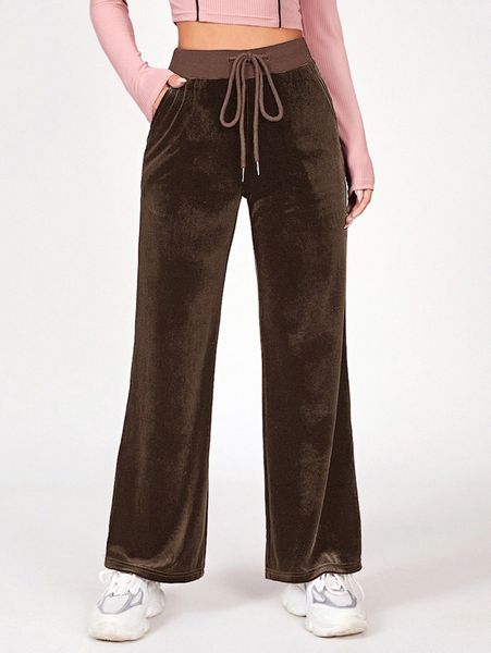 

petite drawstring waist velvet straight leg pants h9ie#, Black;white