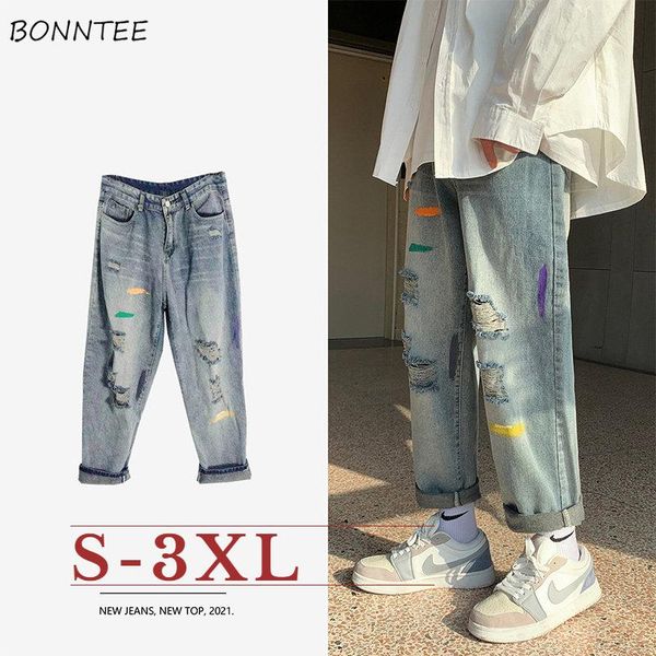 

men's jeans men hole ripped vintage fashion paint plus size s-3xl males trousers high street hollow out korean style punk designed ins, Blue