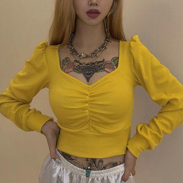 

women's t-shirt slim knitted crop pullover jumper puff long sleeve square collar knitwear t shirts, White