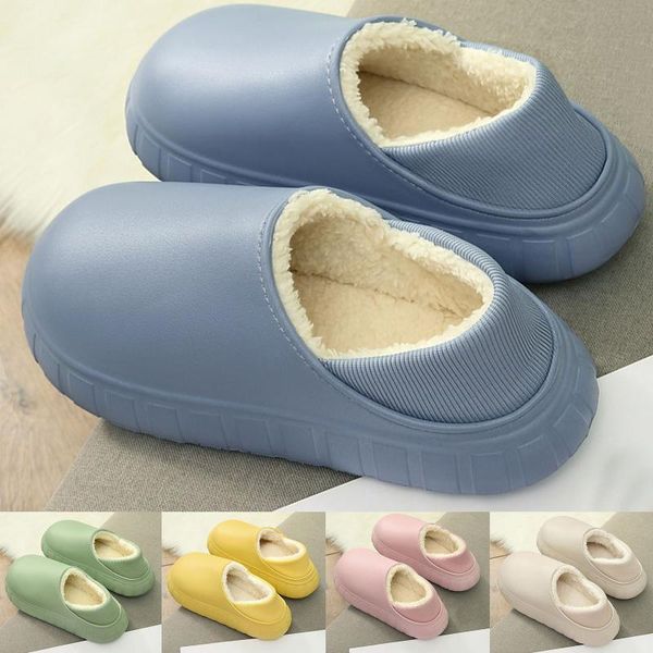 

slippers women men winter home shoes slip-on furry flat keep warm non-slip soft house couples floor, Black