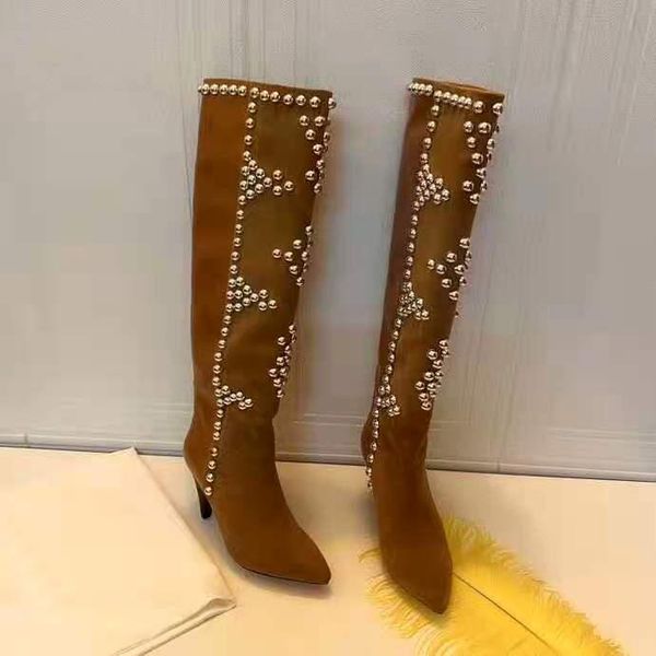 

boots women's shoes paris lyork silver-tone studs pointed toe heel 10.5 cm brown knee, Black
