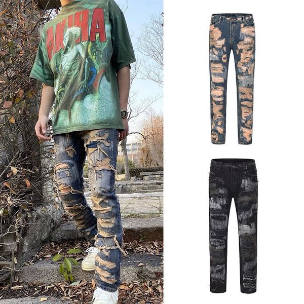 

men's high street hole jeans fashion embroidery streight leg denim pants retro loose casual trousers, Blue