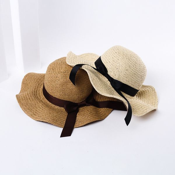 Einfache Stil Frauen Stroh Hut Sommer Im Freien Sonnenschutz Kappe Strand Urlaub Bowknot Casual Caps Rüschen Breite Krempe Hüte