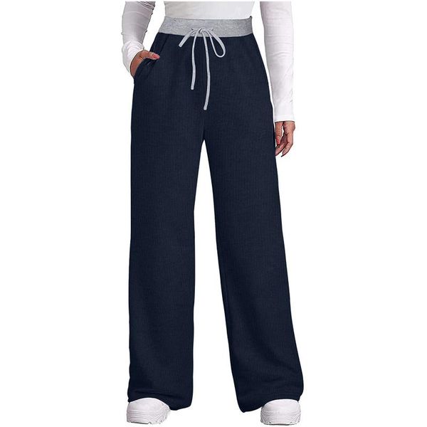 

women's pants & capris women winter sports solid loose wide leg long elastic waist drawstring casual pantalon pour femme pantalones, Black;white