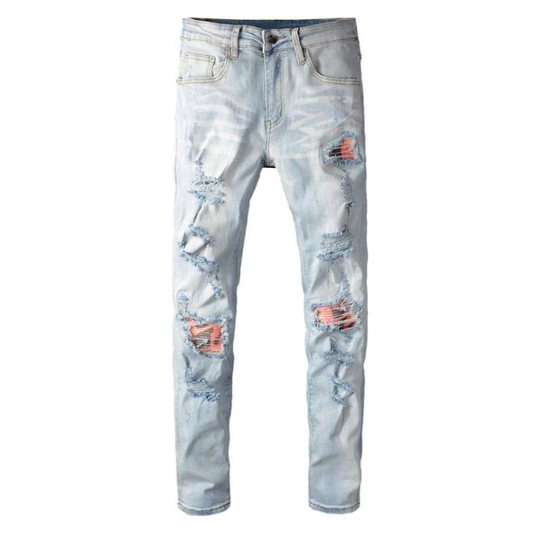 

men's jeans male trousers street fashion brand light color custom patch hole mens youth stretch tights denim pants, Blue