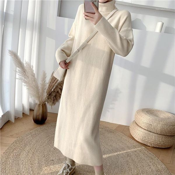 

casual dresses 2021 fashion autumn midi over-the-knee thick sweater dress woman turtleneneck bottoming knitted a-line winter vestidos, Black;gray