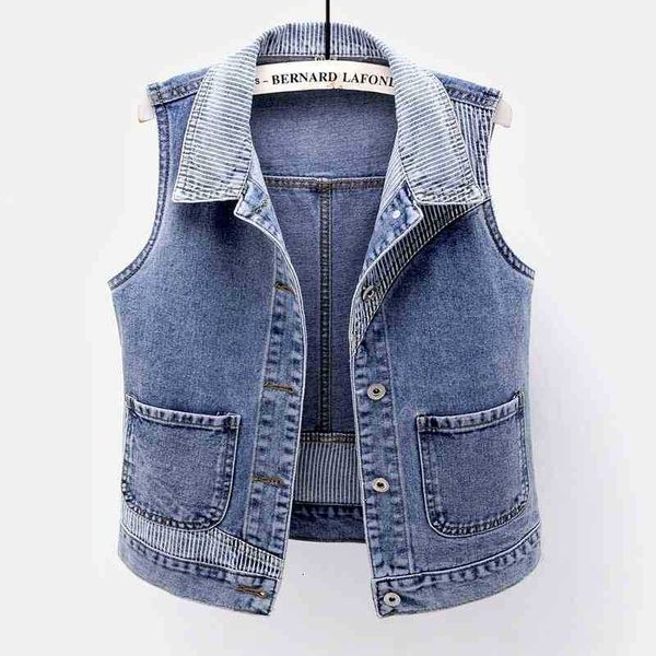 

women's vests stripe splicing big pocket denim women waistcoat fashion plus size slim short jeans vest vintage sleeveless jac 08ju, Black;white