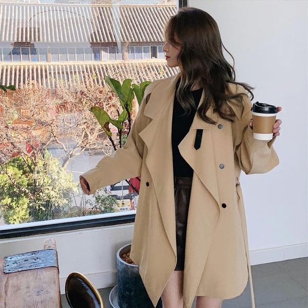 

women's trench coats khaki loose oversize women coat fashion stand collar long sleeve mid-length female solid double breasted windbreak, Tan;black