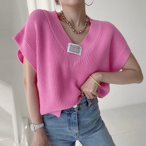 

women's vests korea chic casual trend women v-neck pullover letter patch fashion simple sleeveless green knitted vest autumn 2021 u062, Black;white