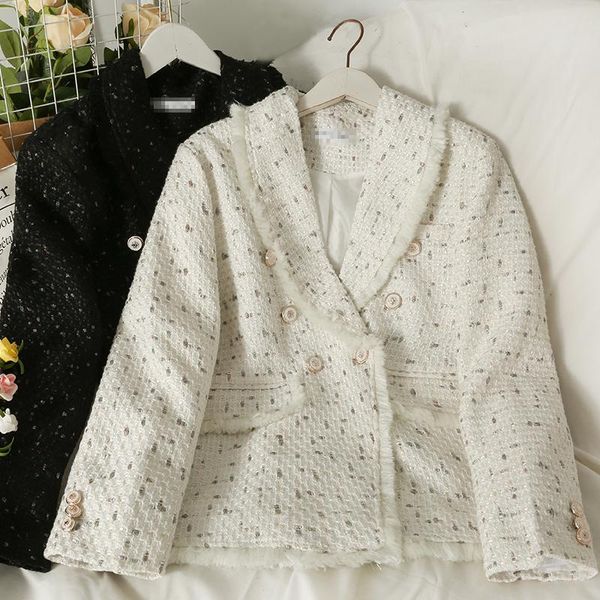 

women's jackets versatile rough edge suit collar foreign style single breasted long sleeve tweed small coat autumn, Black;brown