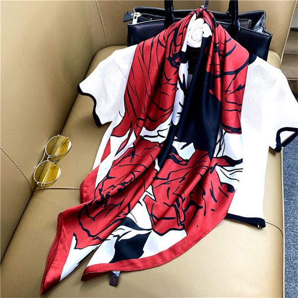 

scarve camellia flower color matching scarf women's spring and summer simulated silk printing 90cm large shawl scarf, Blue;gray