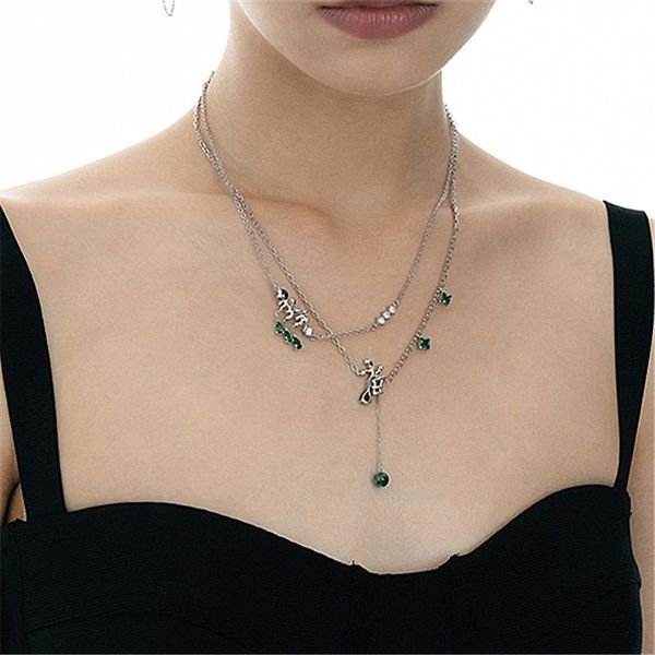 

chains fflacell fashion luxury double layer wearing blingbling inlaid green zircon necklace female creative all-match party jewelry, Silver