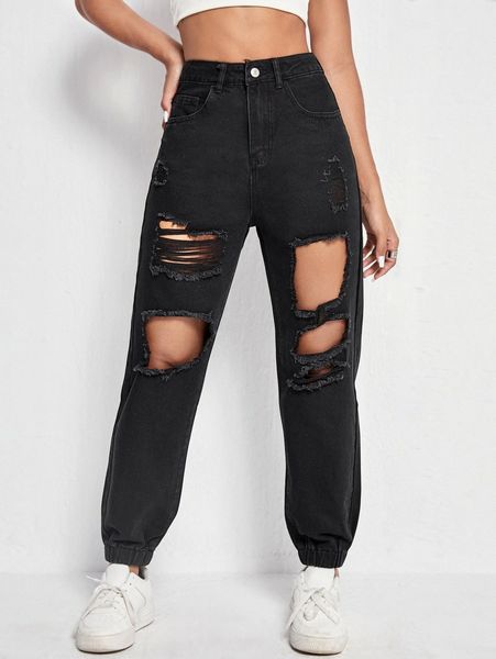 

high waist cutout carrot jeans v35h#, Blue