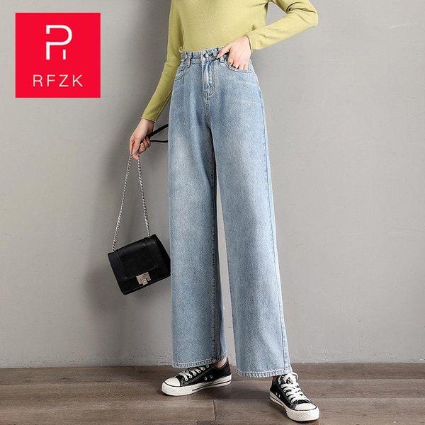 

women's jeans rfzk high waist loose women denim streetwear vintage korean straight long pants casual with belt 2021, Blue