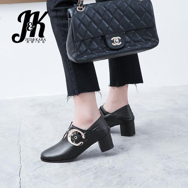 

dress shoes jk mary janes thick med heels pumps women round toe buckle footwear casual metal decoration woman 2021 spring big size 48, Black