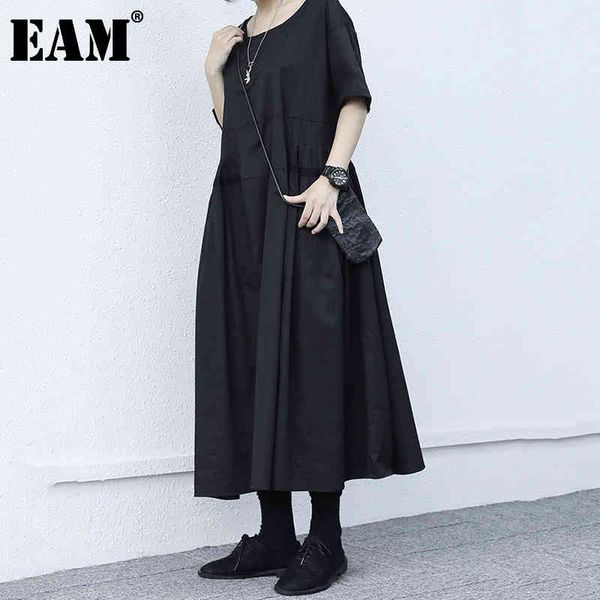 

[eam] women black pleated big size casual dress round neck short sleeve loose fit fashion spring summer 1dd6701 210512, Black;gray