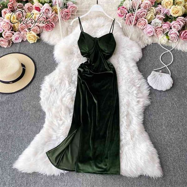 

summer vintage women velvet party dress spaghetti strap green black split slip 210513, Black;gray