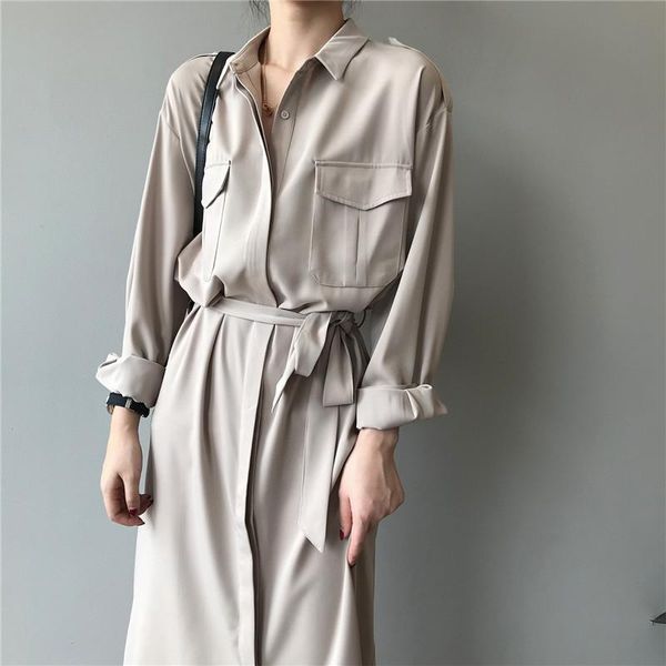 

casual dresses elegant ol shirt vestidos for women 2021 neck long sleeve solid ladies belted single breasted dress dr025, Black;gray